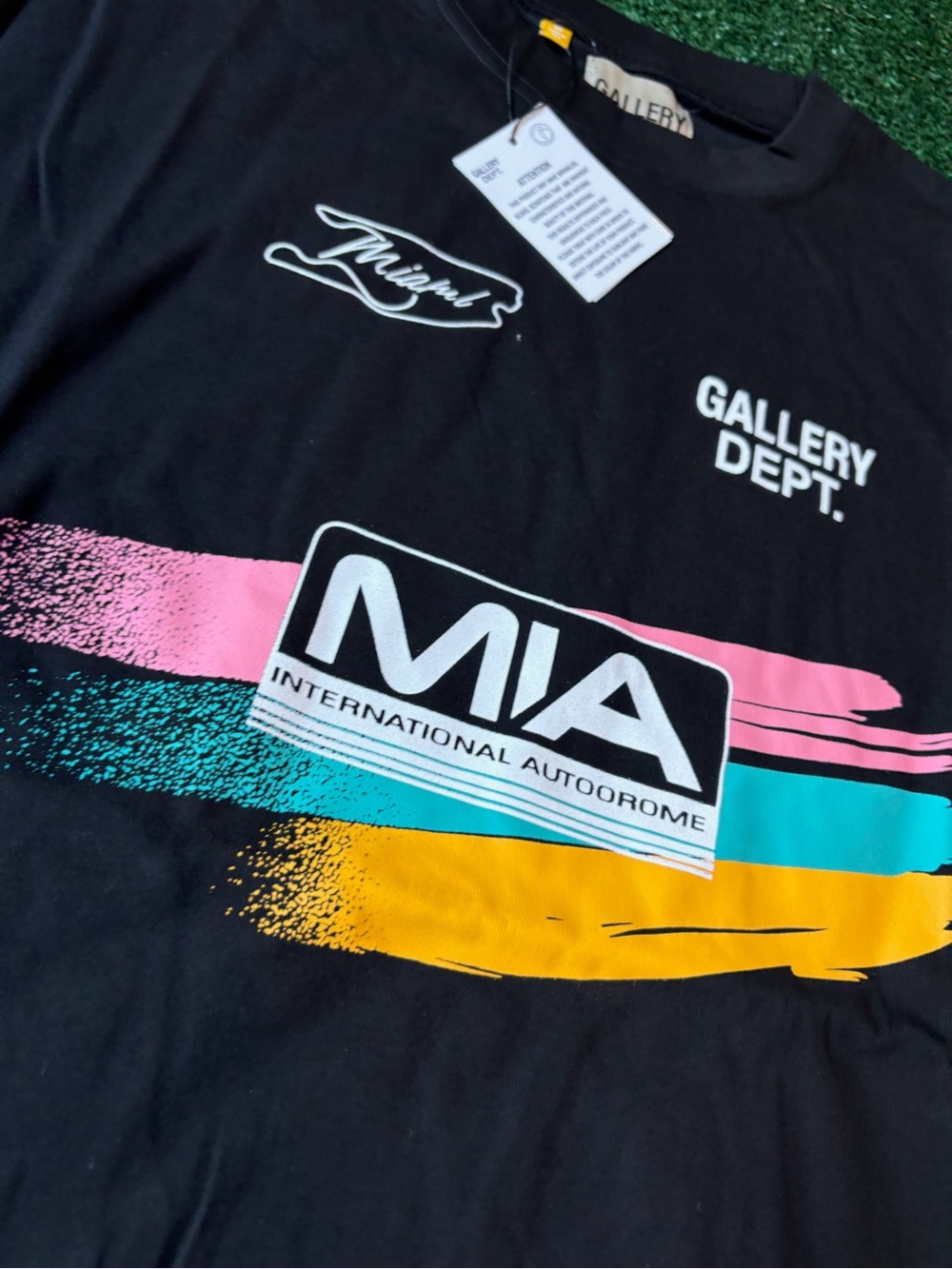 Gallery Dept Black Tee with Multicolor Paint-Stripe MIA Graphic - Picture 2 of 10